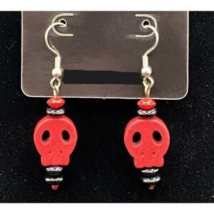 Handmade Red Skull with Red & Black Glass Bead Earrings by Neanie-Bot